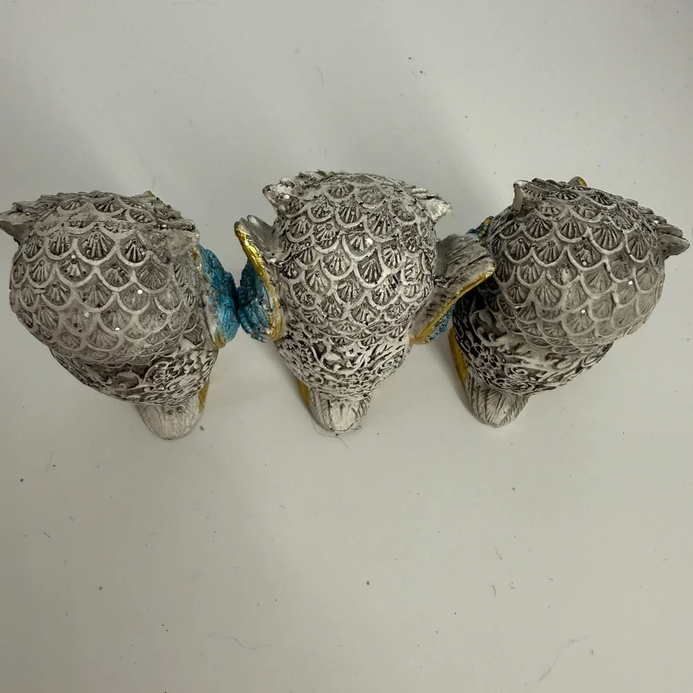 See, Hear & Speak No Evil Owl Set Figurine Statue Silver Gold‎ Blue 2.5